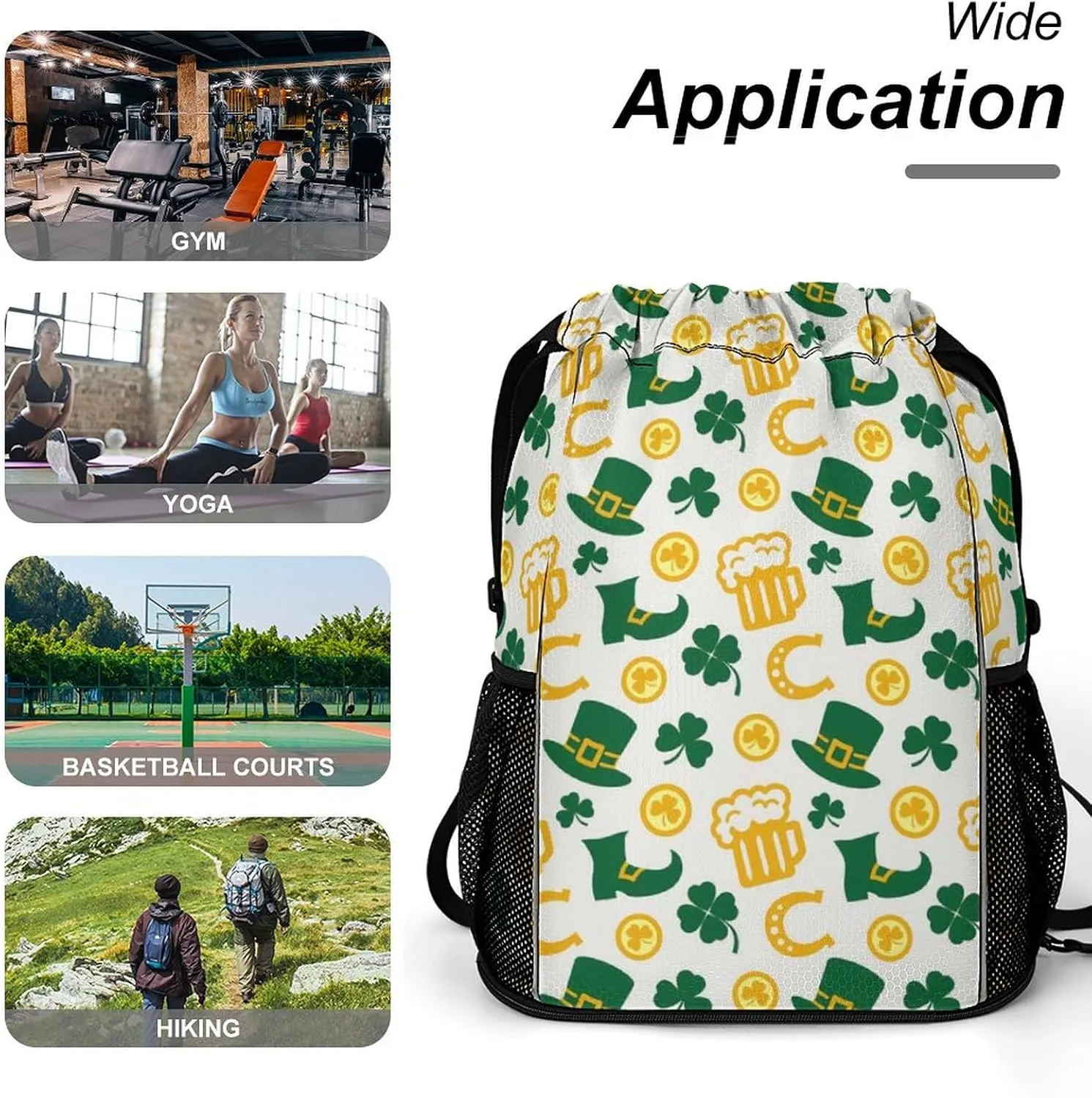Drawstring Backpack String Bag Compatible with Happy St Patricks Day Clover Beer Gold Horseshoe White Sport Sackpack Gym Backpack Workout Bag Lightweight Sackpack Beach Bag for Men Women