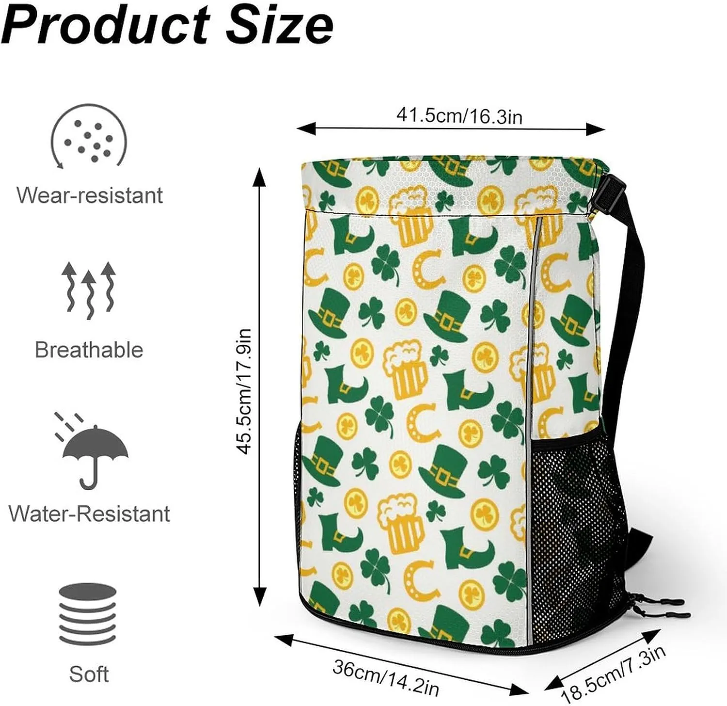 Drawstring Backpack String Bag Compatible with Happy St Patricks Day Clover Beer Gold Horseshoe White Sport Sackpack Gym Backpack Workout Bag Lightweight Sackpack Beach Bag for Men Women