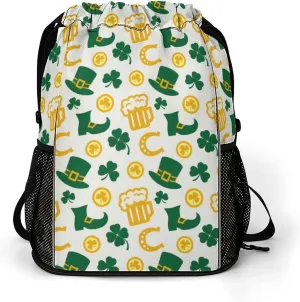 Drawstring Backpack String Bag Compatible with Happy St Patricks Day Clover Beer Gold Horseshoe White Sport Sackpack Gym Backpack Workout Bag Lightweight Sackpack Beach Bag for Men Women