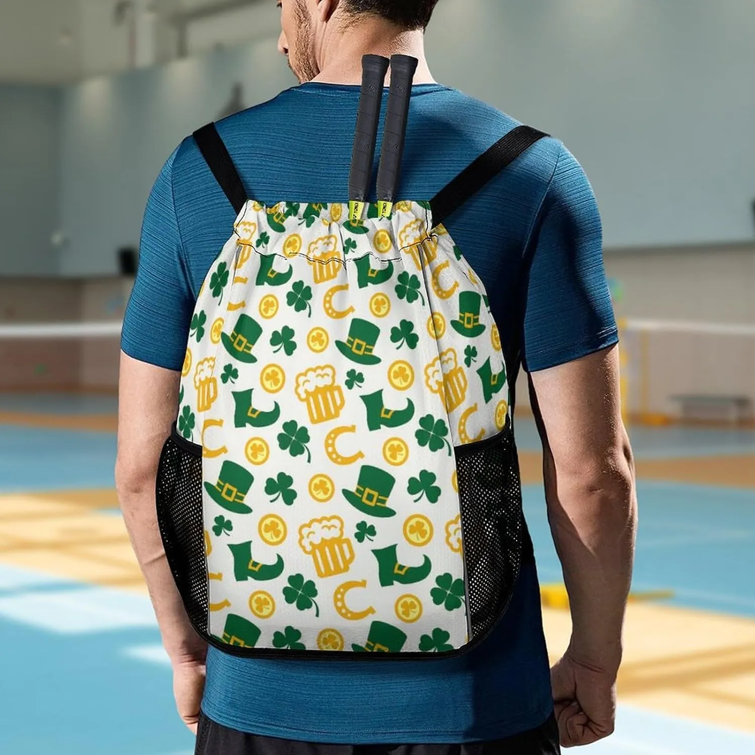 Drawstring Backpack String Bag Compatible with Happy St Patricks Day Clover Beer Gold Horseshoe White Sport Sackpack Gym Backpack Workout Bag Lightweight Sackpack Beach Bag for Men Women