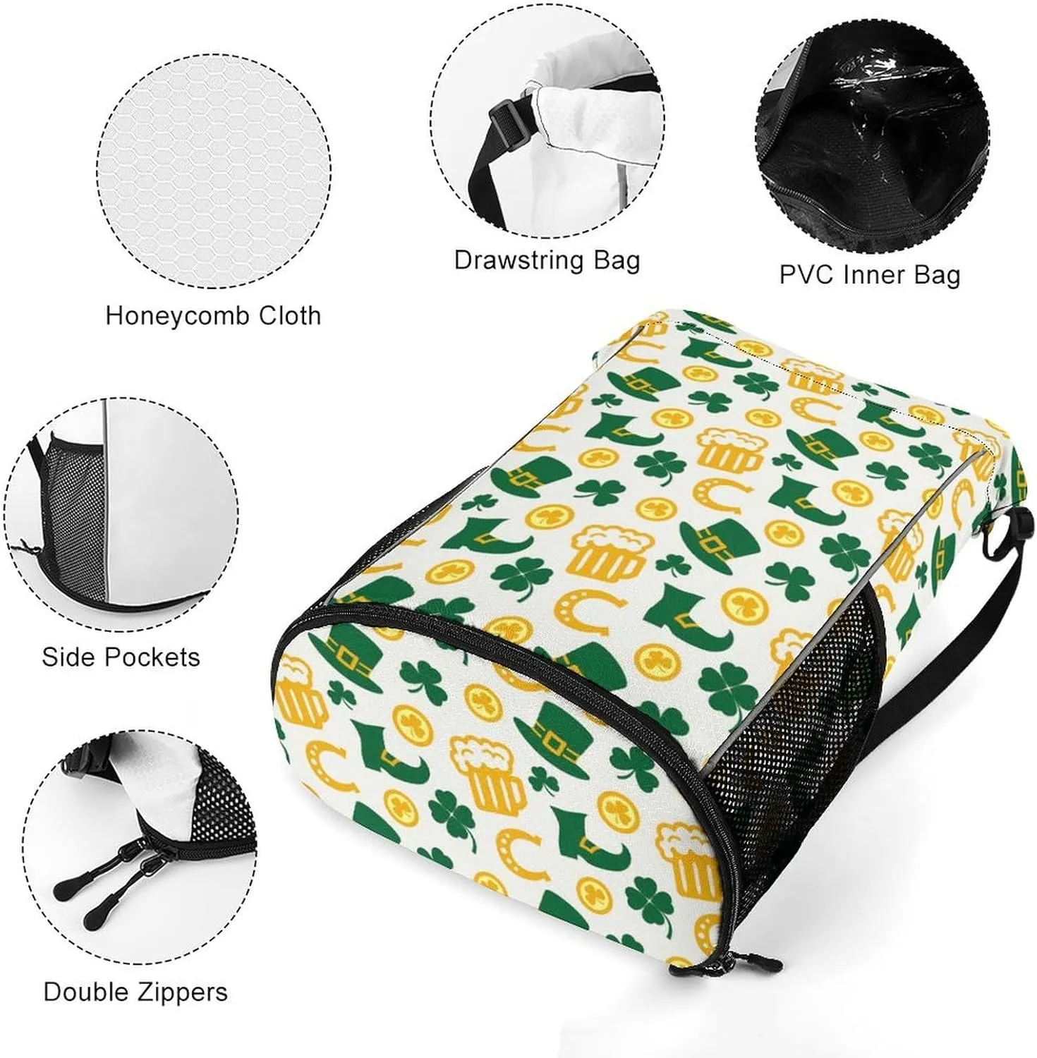 Drawstring Backpack String Bag Compatible with Happy St Patricks Day Clover Beer Gold Horseshoe White Sport Sackpack Gym Backpack Workout Bag Lightweight Sackpack Beach Bag for Men Women