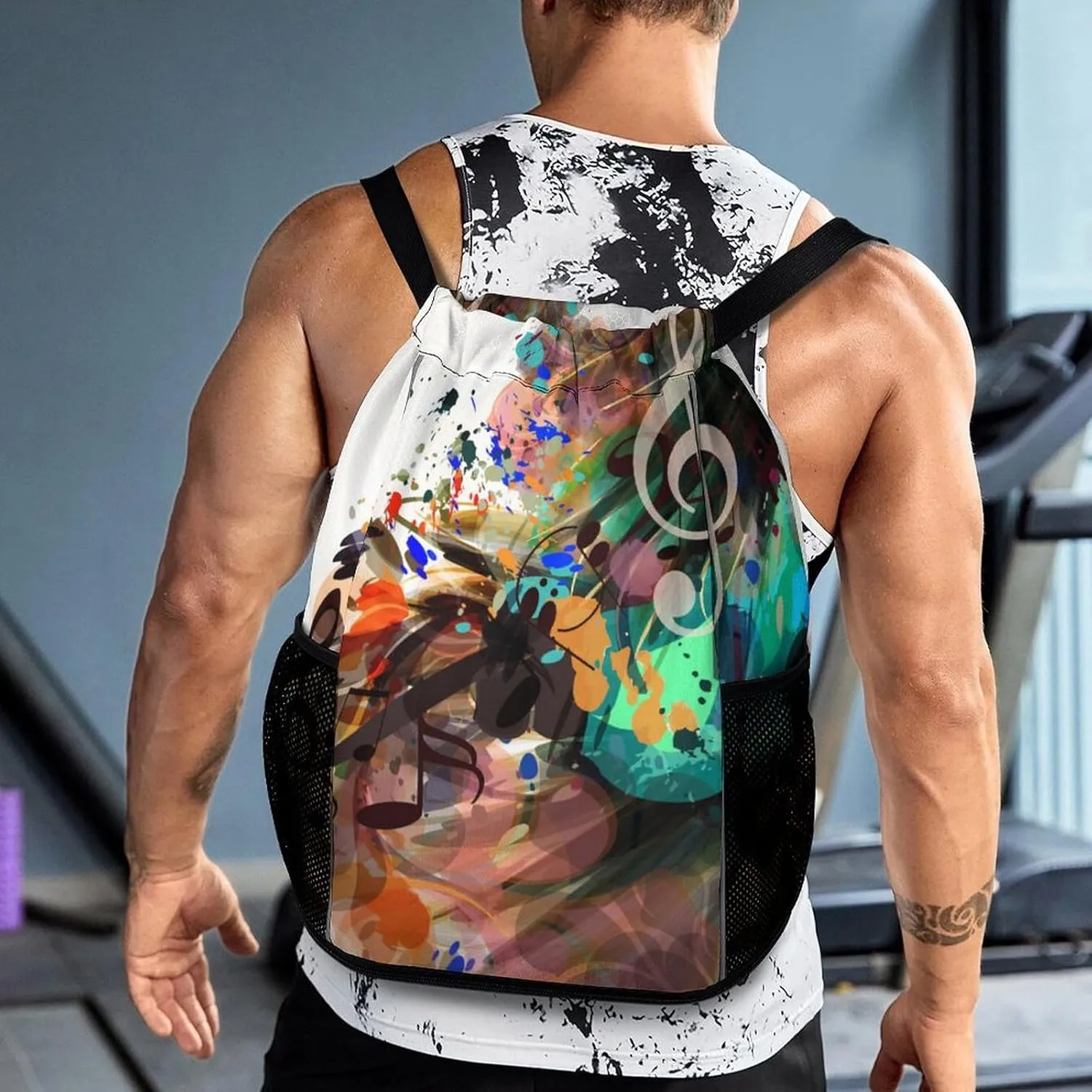 Drawstring Backpack String Bag Compatible with Music Background With Colorful Psychedelic Spots Sport Sackpack Gym Backpack Workout Bag Lightweight Sackpack Beach Bag for Men Women