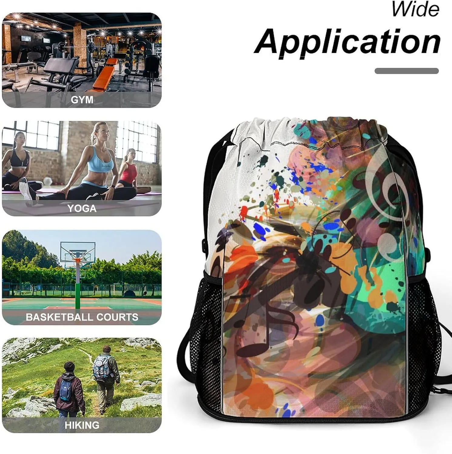Drawstring Backpack String Bag Compatible with Music Background With Colorful Psychedelic Spots Sport Sackpack Gym Backpack Workout Bag Lightweight Sackpack Beach Bag for Men Women
