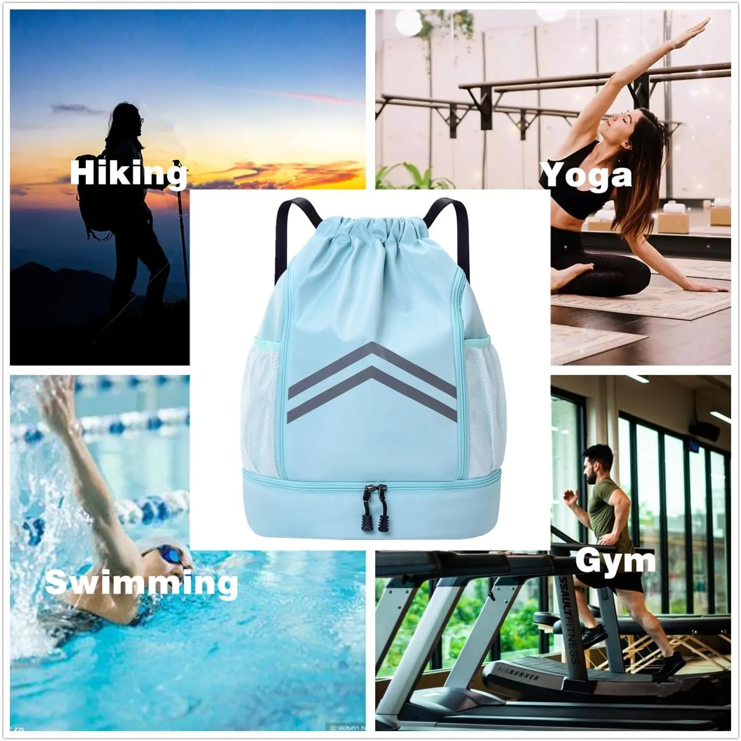 Drawstring Backpack - Water Resistant Gym Drawstring Bags with Shoes Compartment and Water Bottle Holder Pockets - String Cinch Bag - Draw String Back Pack for Men and Women (Light Blue)