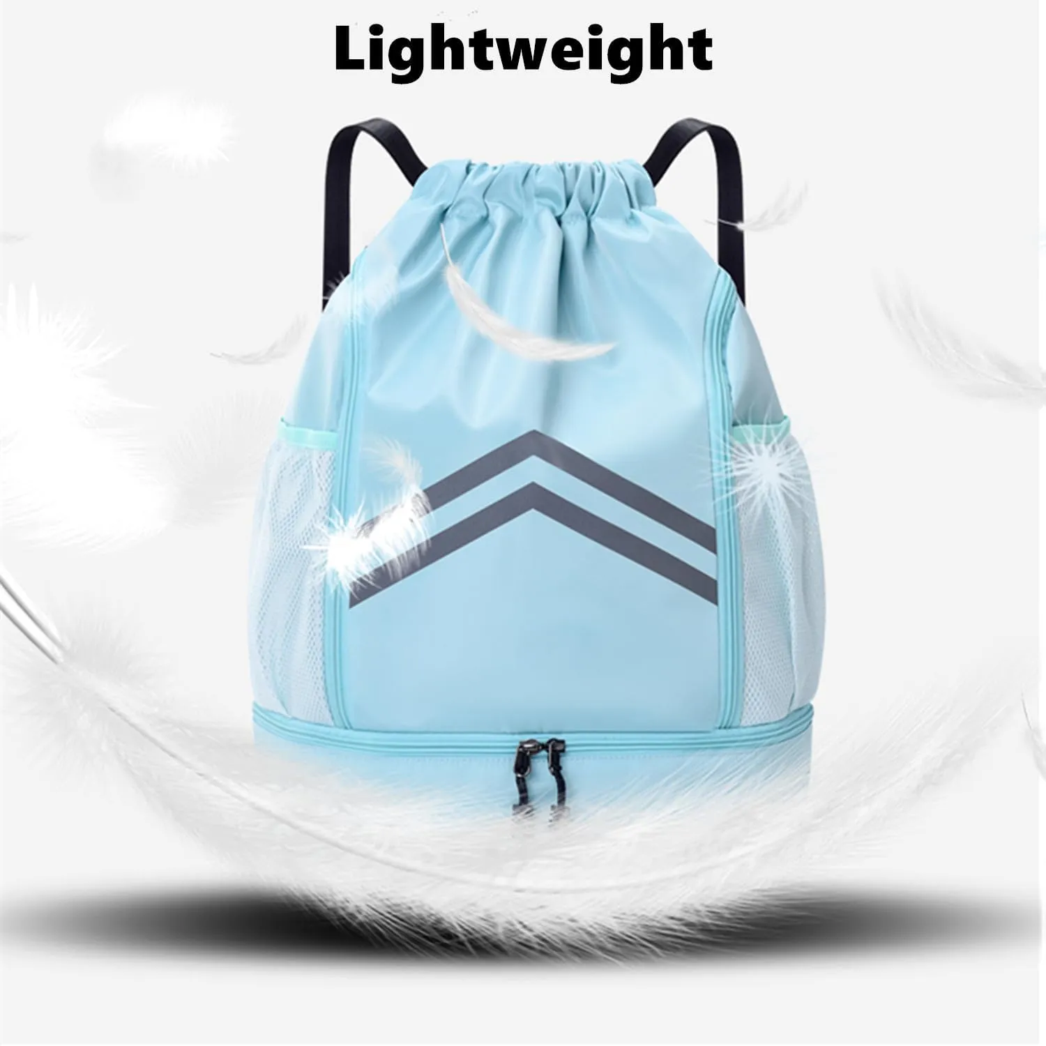 Drawstring Backpack - Water Resistant Gym Drawstring Bags with Shoes Compartment and Water Bottle Holder Pockets - String Cinch Bag - Draw String Back Pack for Men and Women (Light Blue)