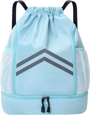 Drawstring Backpack - Water Resistant Gym Drawstring Bags with Shoes Compartment and Water Bottle Holder Pockets - String Cinch Bag - Draw String Back Pack for Men and Women (Light Blue)