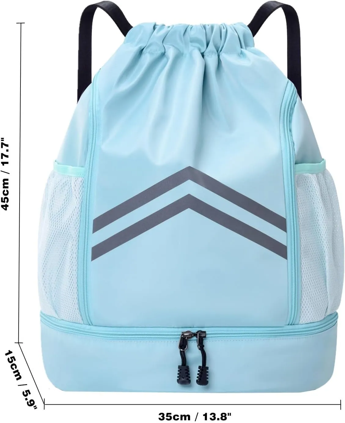 Drawstring Backpack - Water Resistant Gym Drawstring Bags with Shoes Compartment and Water Bottle Holder Pockets - String Cinch Bag - Draw String Back Pack for Men and Women (Light Blue)