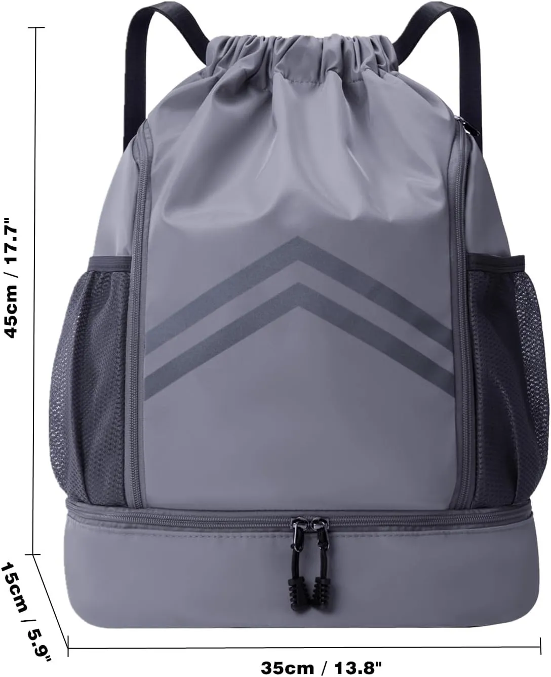 Drawstring Backpack - Water Resistant Gym Drawstring Bags with Shoes Compartment and Water Bottle Holder Pockets - String Cinch Bag - Draw String Back Pack with Zipper for Men and Women (Grey)