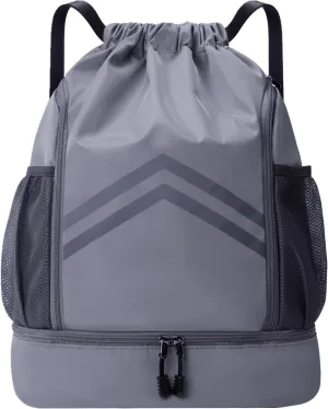 Drawstring Backpack - Water Resistant Gym Drawstring Bags with Shoes Compartment and Water Bottle Holder Pockets - String Cinch Bag - Draw String Back Pack with Zipper for Men and Women (Grey)