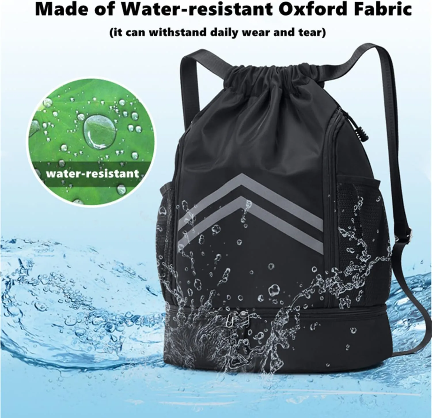 Drawstring Backpack - Water Resistant Sports Gym Bag with Shoes Compartment and Water Bottle Holder Pockets - String Cinch Bag - Pull String Bag - Sport String Sackpack for Men Women,Navy Blue
