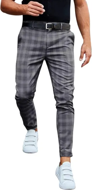 Dress Pants for Men Slim Fit Stretch Classic Plaid Straight Leg Pants Casual Skinny Business Work Trousers with Pockets