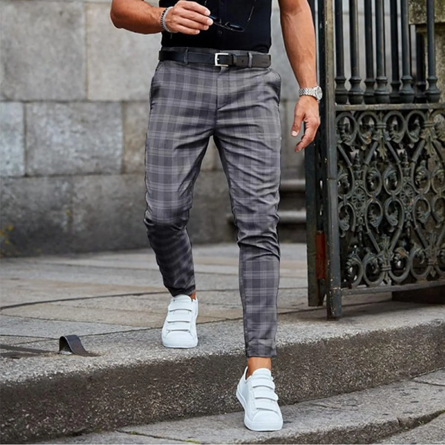 Dress Pants for Men Slim Fit Stretch Classic Plaid Straight Leg Pants Casual Skinny Business Work Trousers with Pockets