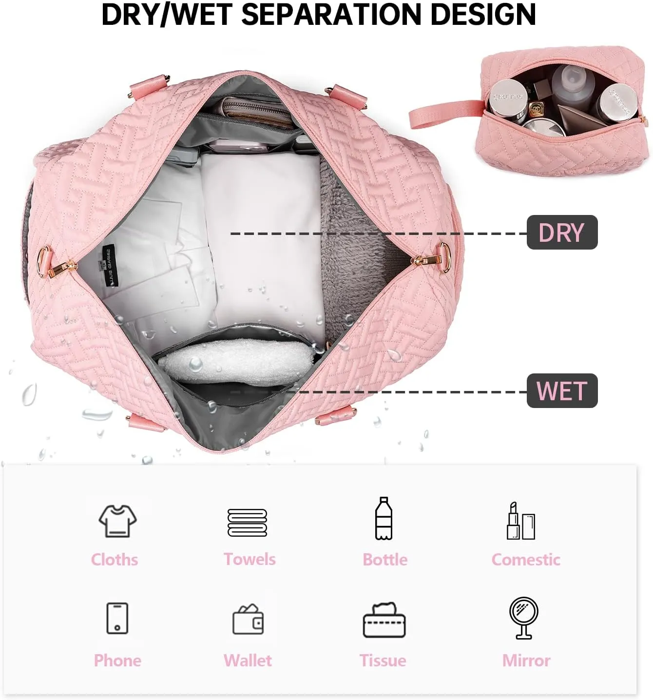 Duffle Bag for Travel, Weekender Bag with Shoe Compartment, Carry On Overnight Bag for Women with Toiletry Bag, 50L Gym Bag with Wet Pocket, Hospital Bags for Labor and Delivery, Pink, Style1