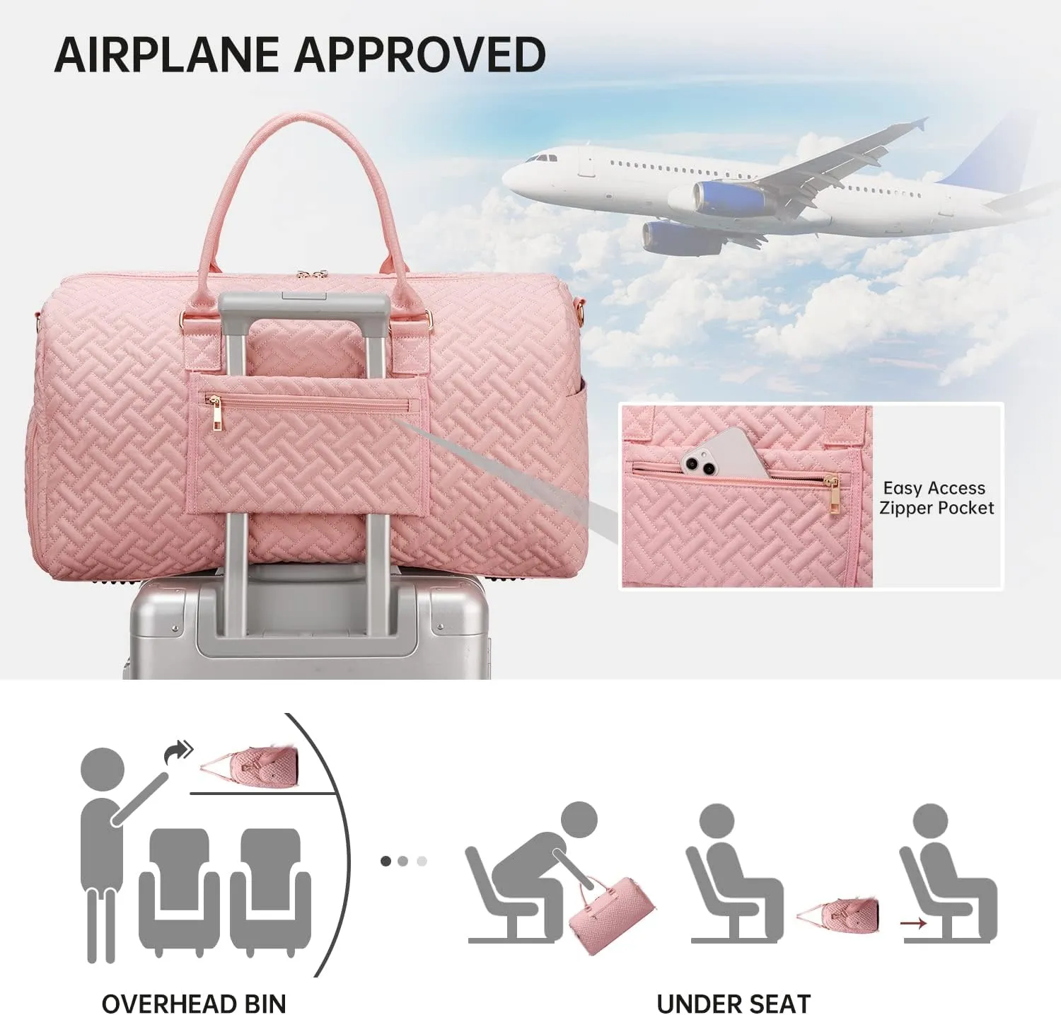 Duffle Bag for Travel, Weekender Bag with Shoe Compartment, Carry On Overnight Bag for Women with Toiletry Bag, 50L Gym Bag with Wet Pocket, Hospital Bags for Labor and Delivery, Pink, Style1