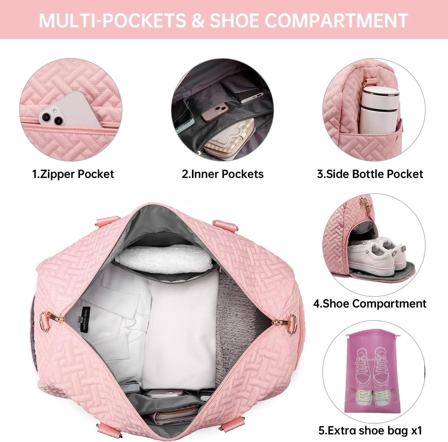 Duffle Bag for Travel, Weekender Bag with Shoe Compartment, Carry On Overnight Bag for Women with Toiletry Bag, 50L Gym Bag with Wet Pocket, Hospital Bags for Labor and Delivery, Pink, Style1