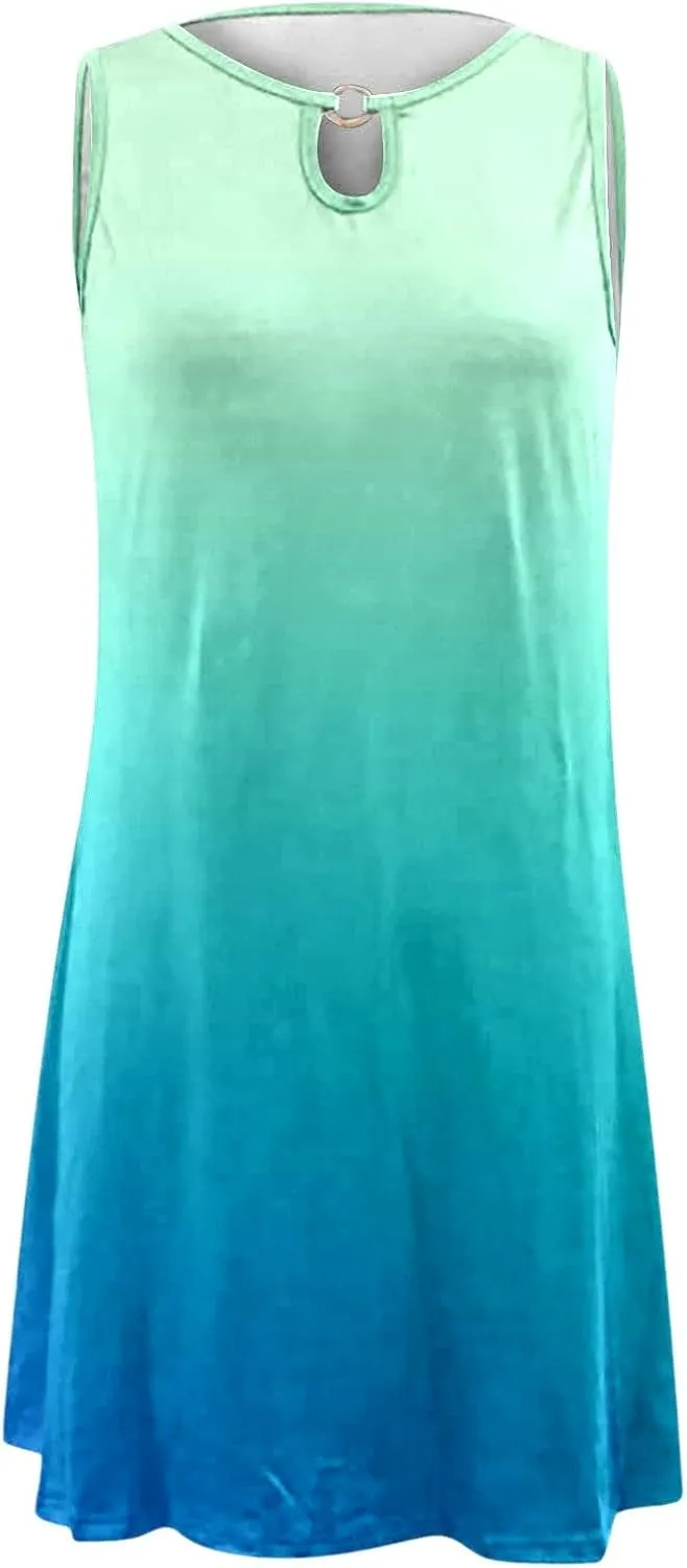 Eduavar Summer Dresses for Women 2024, Boho Dresses for Women 2024 Gradient Print Sexy Hollow Out Crew Neck Tank Dress