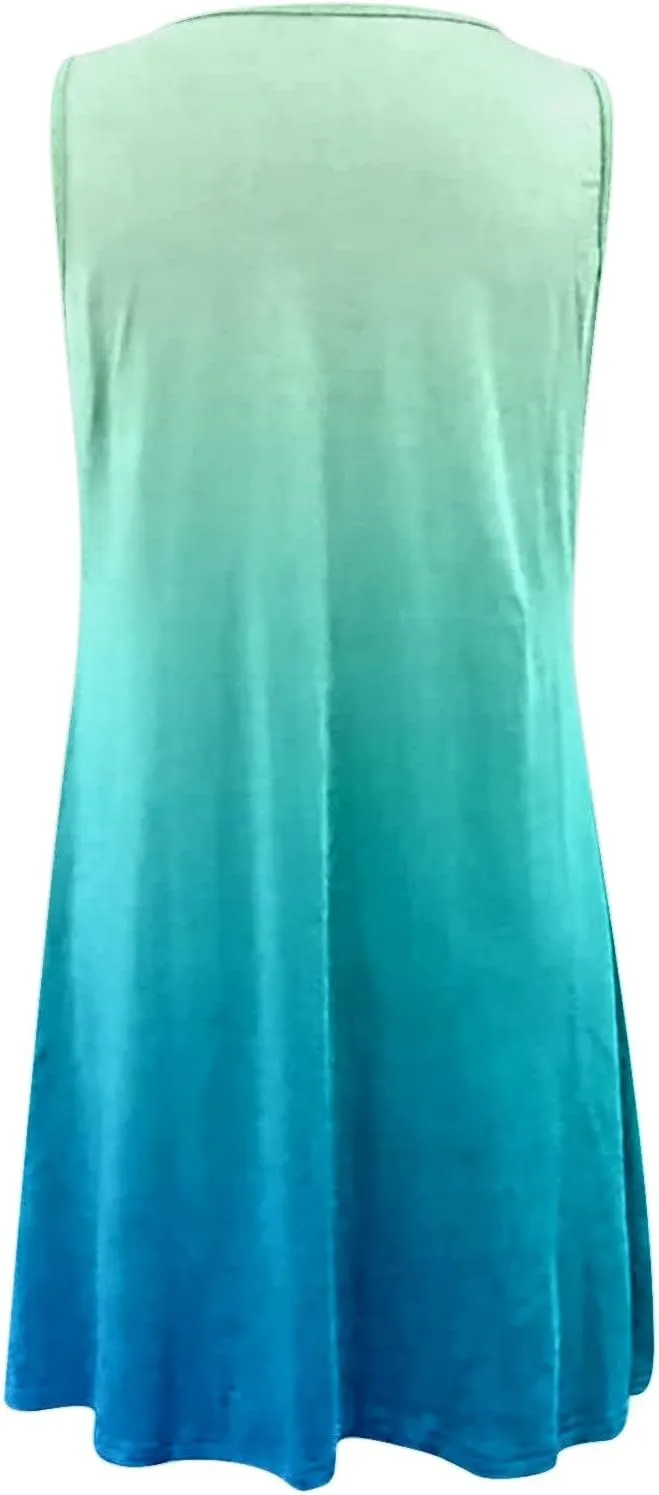 Eduavar Summer Dresses for Women 2024, Boho Dresses for Women 2024 Gradient Print Sexy Hollow Out Crew Neck Tank Dress
