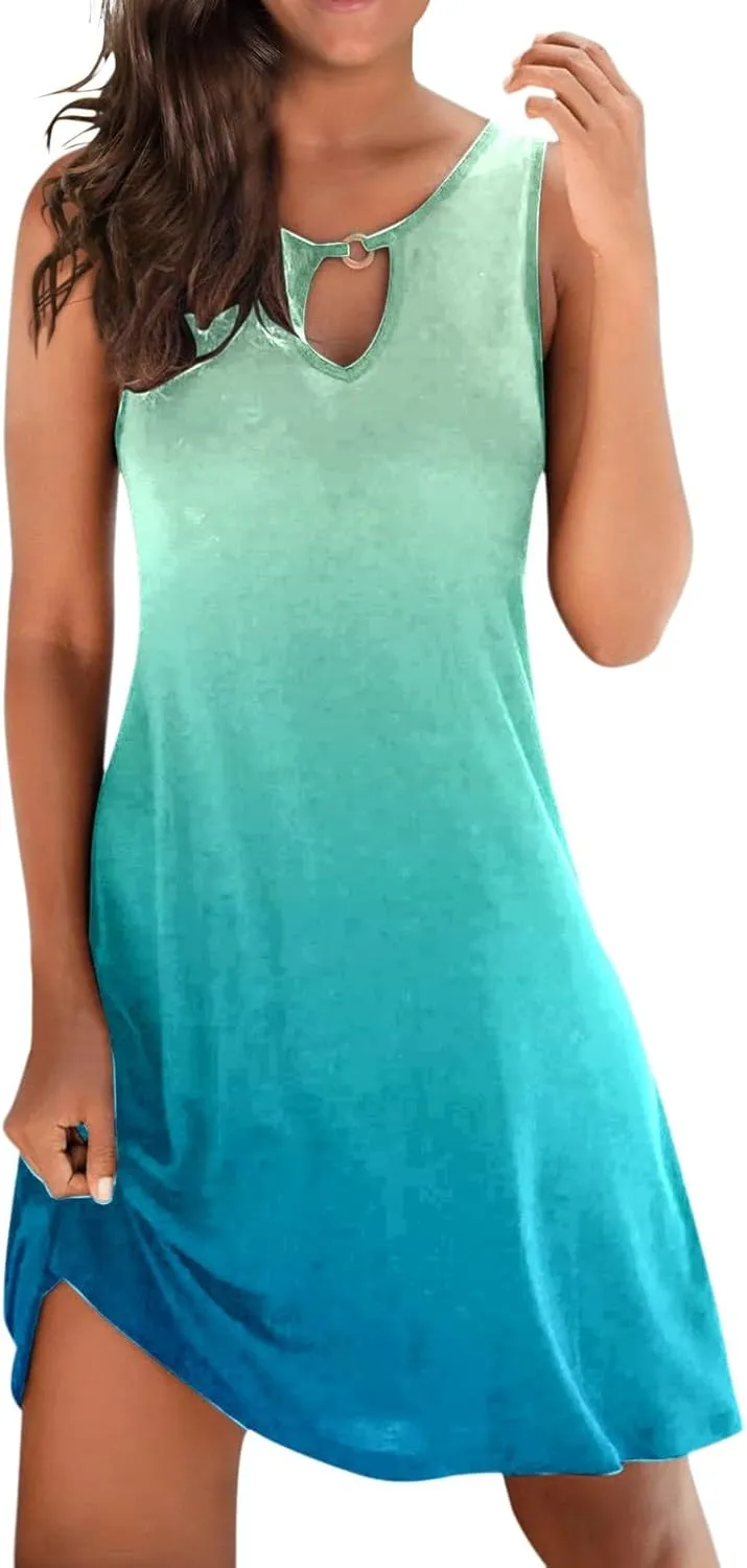 Eduavar Summer Dresses for Women 2024, Boho Dresses for Women 2024 Gradient Print Sexy Hollow Out Crew Neck Tank Dress