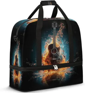 Electric Guitar Music Travel Duffel Bag for Women Men, Fire Guitar Sports Gym Bag with Shoes Compartment Foldable Overnight Bag Weekender Tote Workout Carry On Luggage Bag