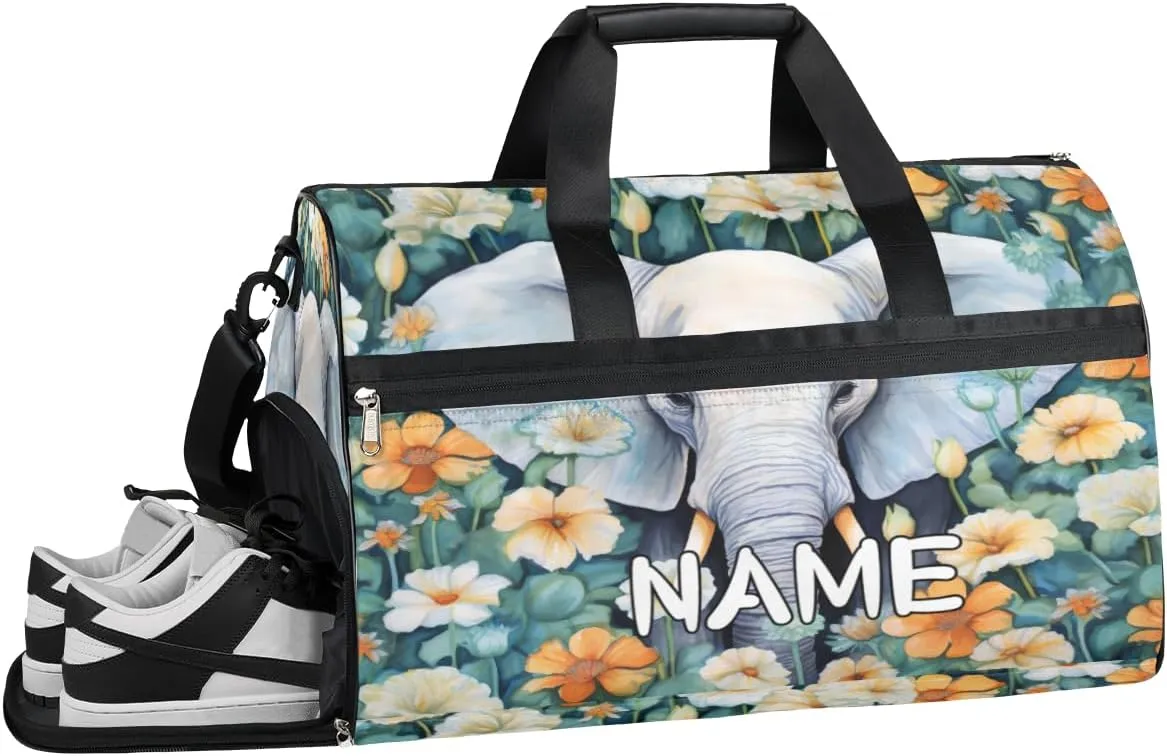 Elephant Daisy Watercolor Sports Gym Bag with Wet Pocket & Shoes Compartment Travel Duffel Bag for Women Men Custom Sports Gym Bag Personalized Overnight Stay Weekend Tote Beach Luggage