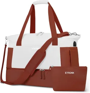 ETRONIK Gym Bag for Women, Travel Duffel Bag with USB Charging Port, Weekender Overnight Bag with Wet Pocket and Shoes Compartment for Women, Travel, Gym, Yoga (Reddish Brown/White)