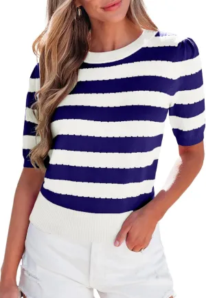 EVALESS Women's Short Sleeve Sweaters Tops Trendy Crewneck Striped Hollow Out Knit T Shirts Casual Summer Blouses