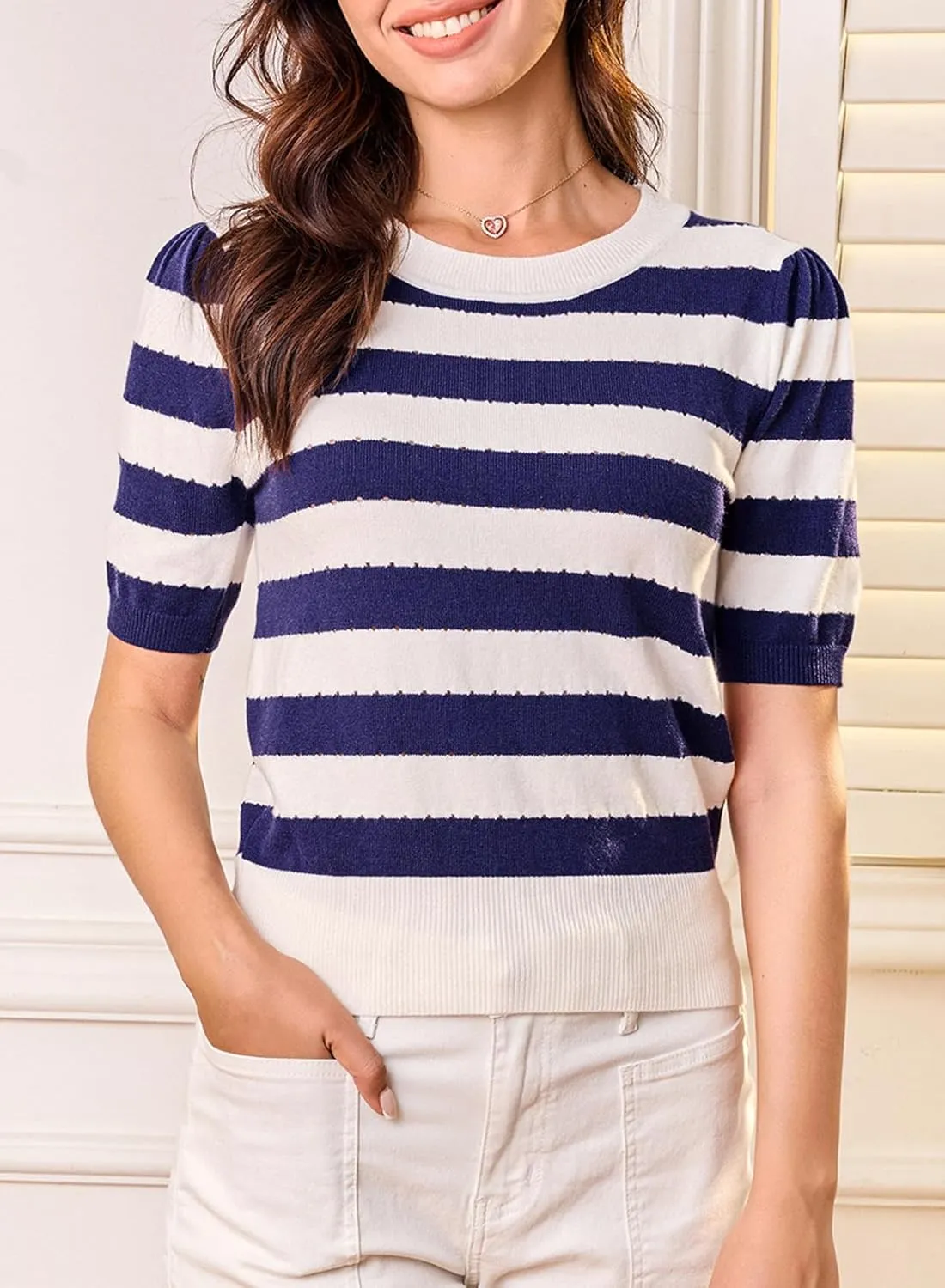 EVALESS Women's Short Sleeve Sweaters Tops Trendy Crewneck Striped Hollow Out Knit T Shirts Casual Summer Blouses