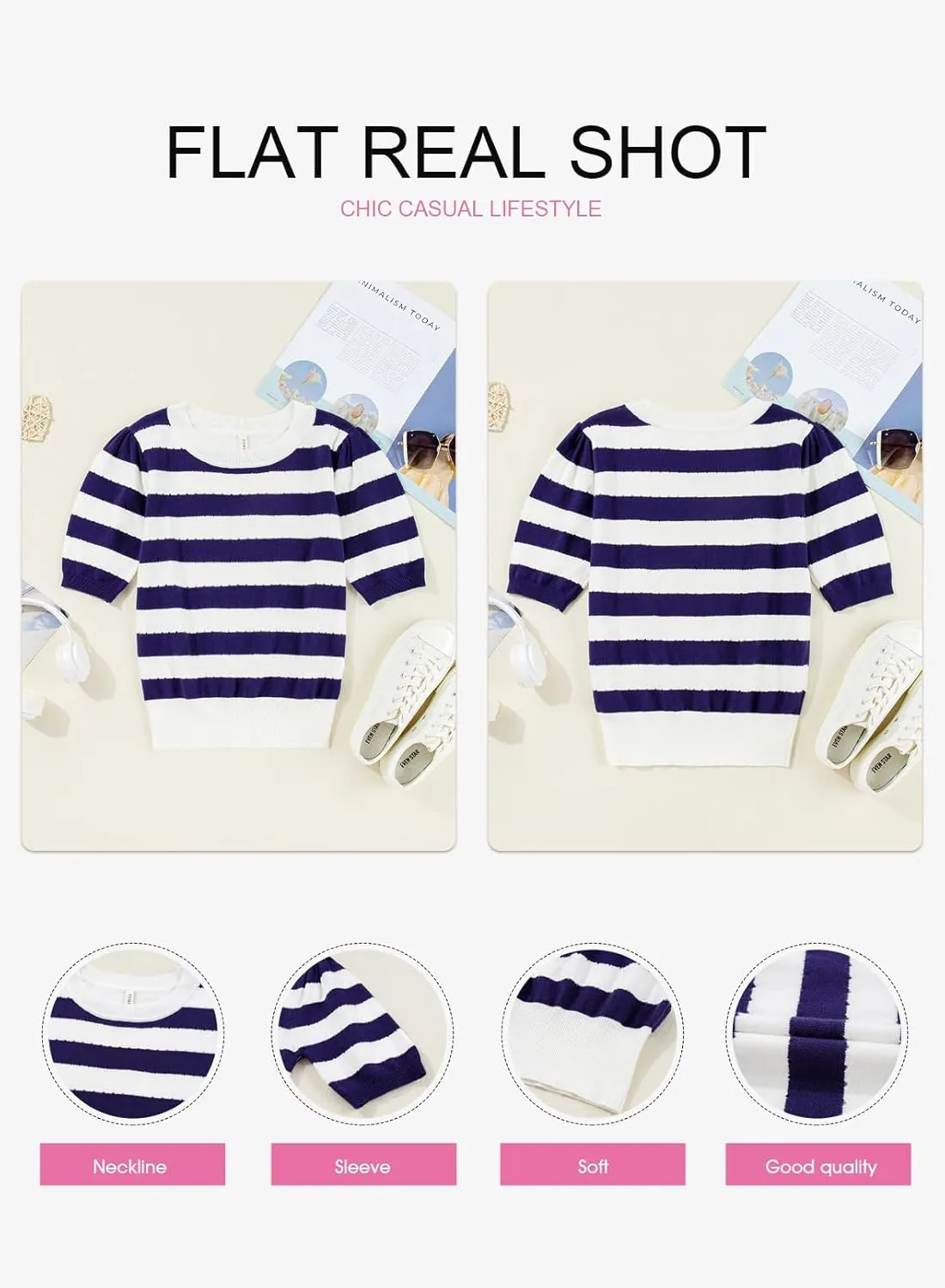 EVALESS Women's Short Sleeve Sweaters Tops Trendy Crewneck Striped Hollow Out Knit T Shirts Casual Summer Blouses