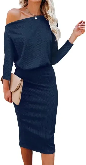 Ezbelle Women's Off The Shoulder 3/4 Sleeve Batwing HIPS-Wrap Pencil Party Sexy Bodycon Midi Dress