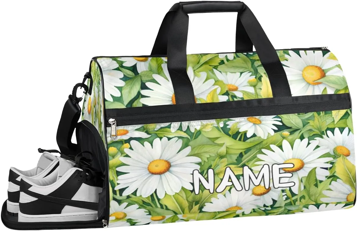 Flower Floral Daisy Sports Gym Bag with Wet Pocket & Shoes Compartment Travel Duffel Bag for Women Men Custom Sports Gym Bag Personalized Overnight Stay Weekend Tote Beach Luggage