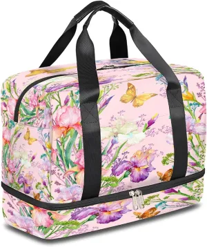 Flowers Iris Butterfly Sports Gym Bag with Shoes Compartment,Summer Spring Floral Travel Duffel Bag for Men Women Boys Girls Teens Overnight Weekend Yoga Workout Bag Training Handbag