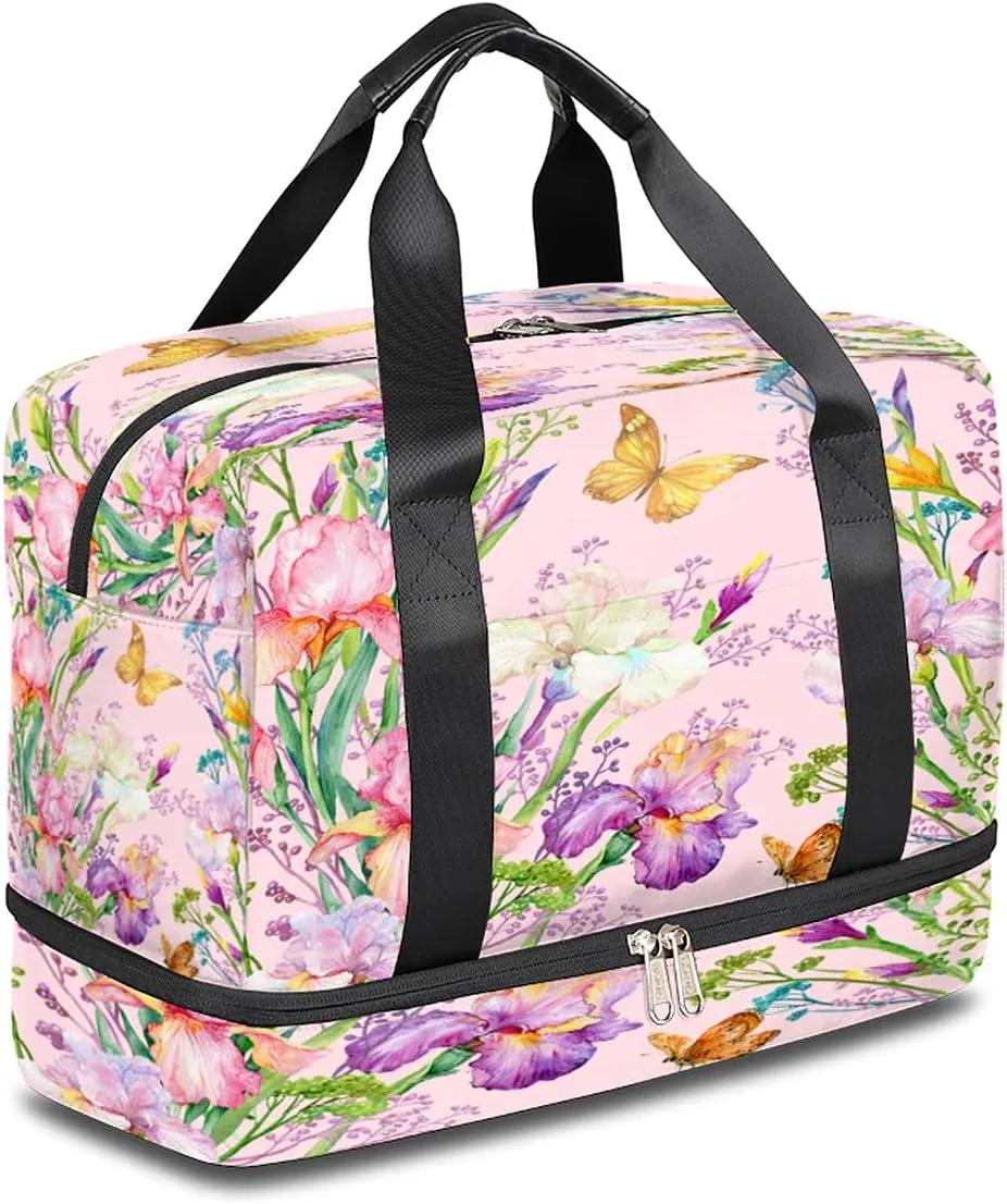 Flowers Iris Butterfly Sports Gym Bag with Shoes Compartment,Summer Spring Floral Travel Duffel Bag for Men Women Boys Girls Teens Overnight Weekend Yoga Workout Bag Training Handbag