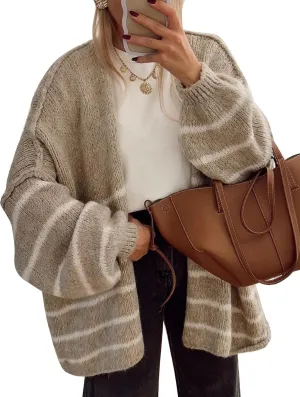 Flygo Women's Oversized Striped Cardigan Sweater Chunky Knit Drop Shoulder Balloon Sleeve Open Front Cardigans Sweaters