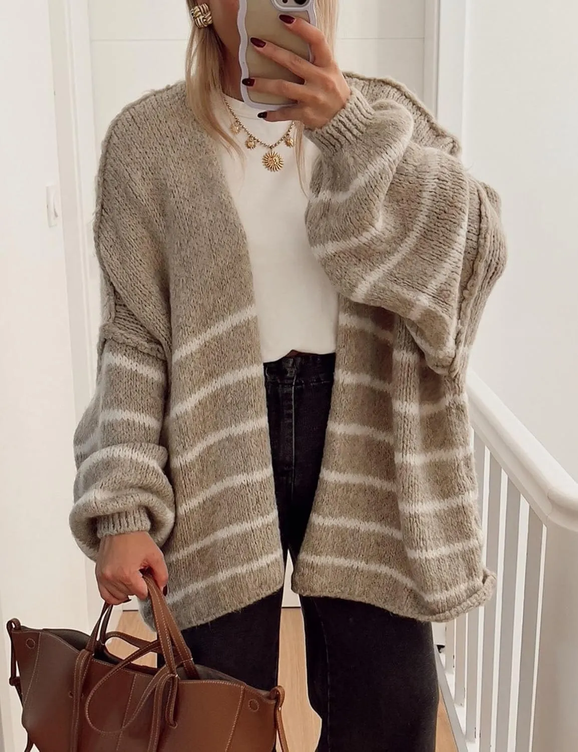 Flygo Women's Oversized Striped Cardigan Sweater Chunky Knit Drop Shoulder Balloon Sleeve Open Front Cardigans Sweaters