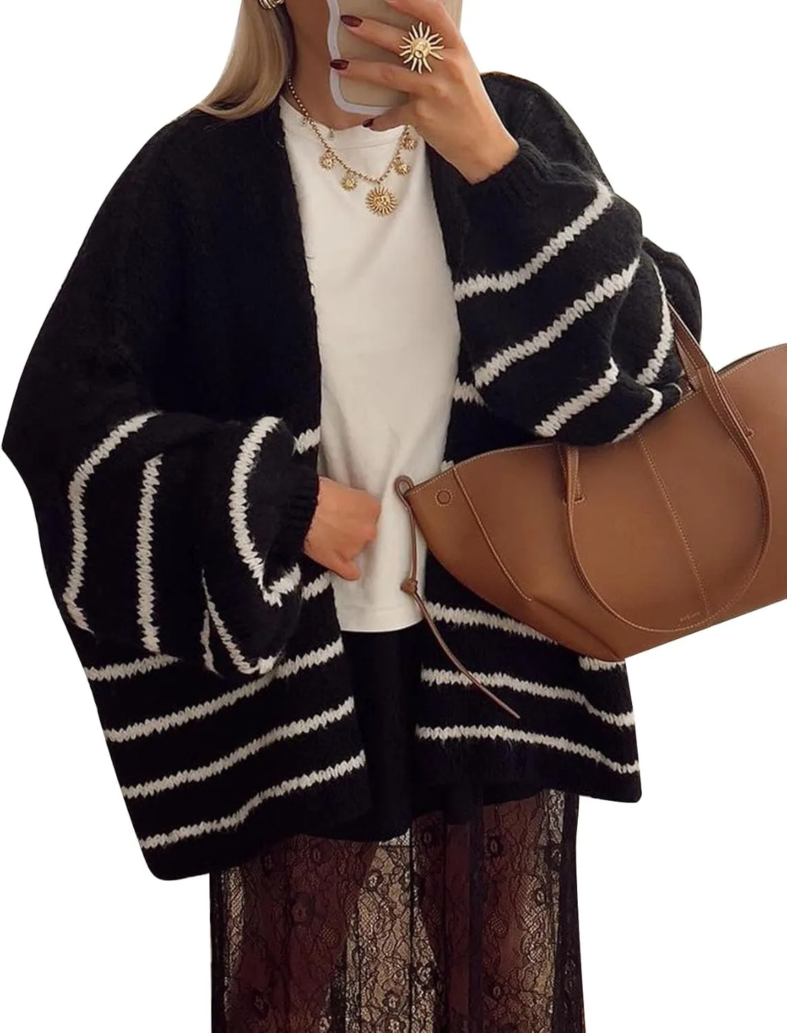 Flygo Women's Oversized Striped Cardigan Sweater Chunky Knit Drop Shoulder Balloon Sleeve Open Front Cardigans Sweaters