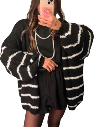Flygo Women's Oversized Striped Cardigan Sweater Chunky Knit Drop Shoulder Balloon Sleeve Open Front Cardigans Sweaters