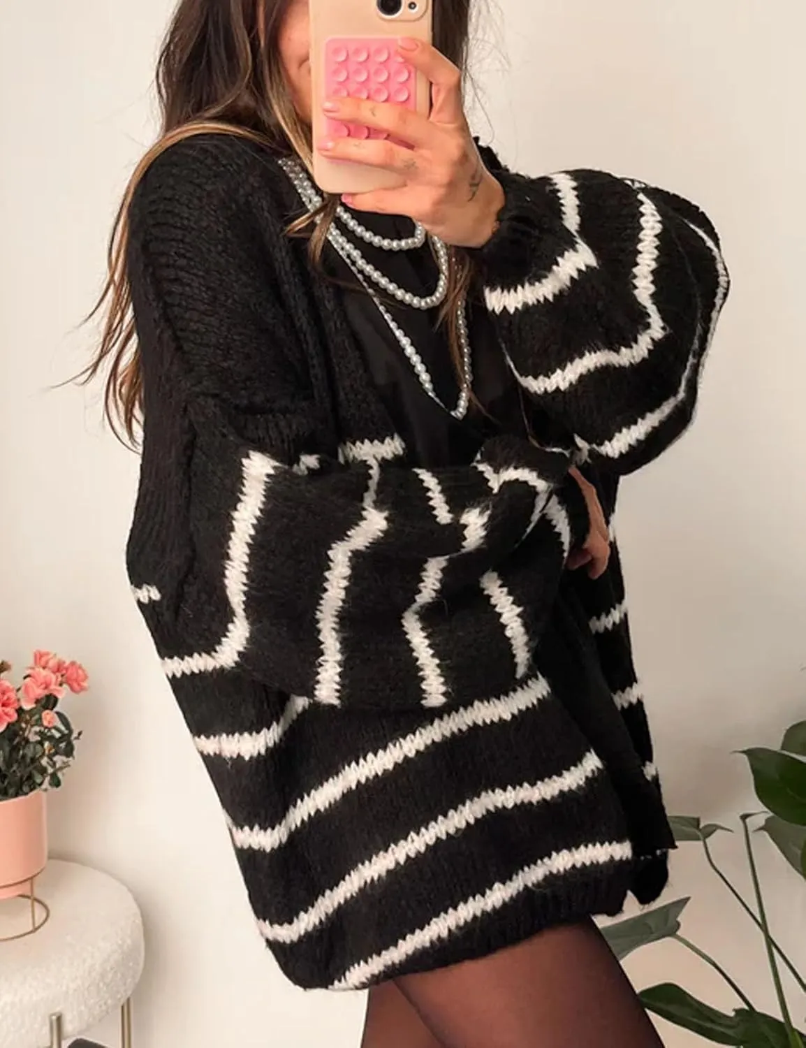 Flygo Women's Oversized Striped Cardigan Sweater Chunky Knit Drop Shoulder Balloon Sleeve Open Front Cardigans Sweaters