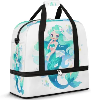 Foldable Travel Duffel Bag for Women, Overnight Weekender Bag Blue Mermaid Carry on Duffel Bag Luggage Sports Gym Tote Bag with Shoes Compartment, Water Rresistant Shoulder Bag,B962