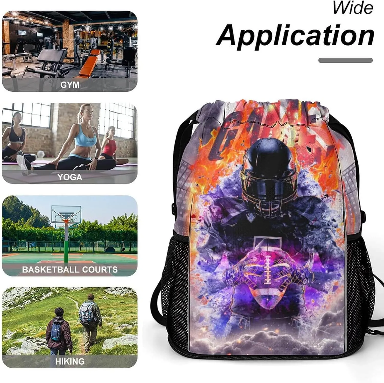 Football Drawstring Backpack - Cool Cinch Sack, String Backpacks with Pocket for Kids Women Men Boys Girls for Gym Outdoor Sports Travel Athletic Drawstring Bag - Lightweight/Foldable