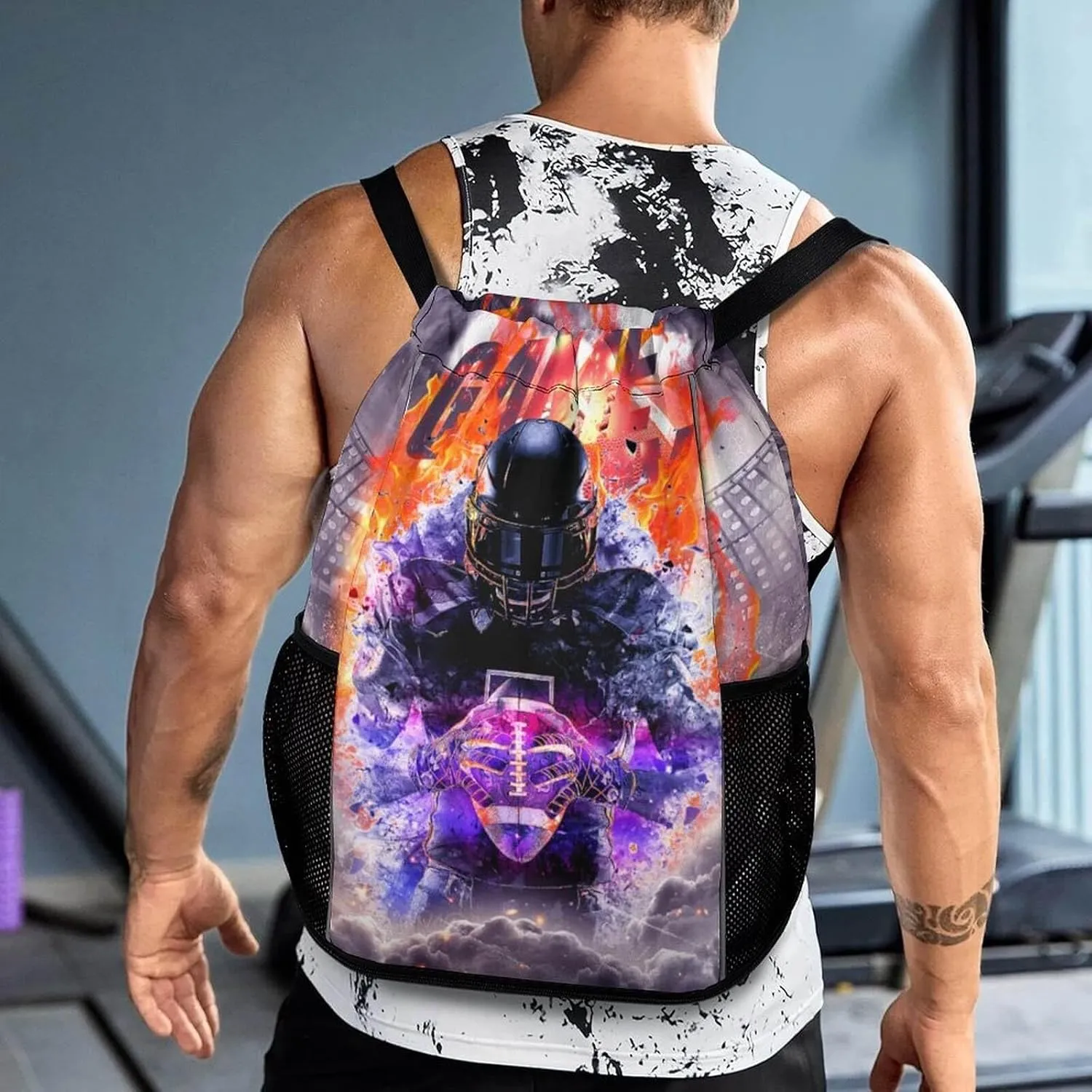 Football Drawstring Backpack - Cool Cinch Sack, String Backpacks with Pocket for Kids Women Men Boys Girls for Gym Outdoor Sports Travel Athletic Drawstring Bag - Lightweight/Foldable