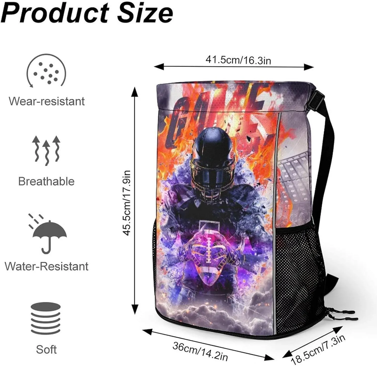 Football Drawstring Backpack - Cool Cinch Sack, String Backpacks with Pocket for Kids Women Men Boys Girls for Gym Outdoor Sports Travel Athletic Drawstring Bag - Lightweight/Foldable
