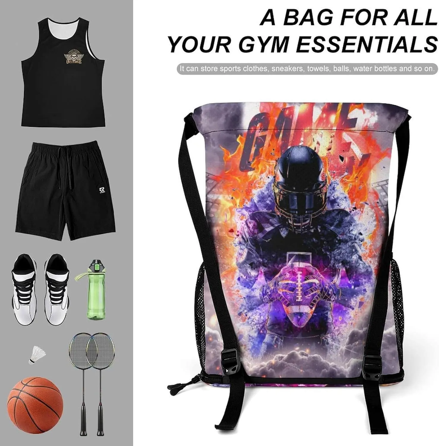Football Drawstring Backpack - Cool Cinch Sack, String Backpacks with Pocket for Kids Women Men Boys Girls for Gym Outdoor Sports Travel Athletic Drawstring Bag - Lightweight/Foldable