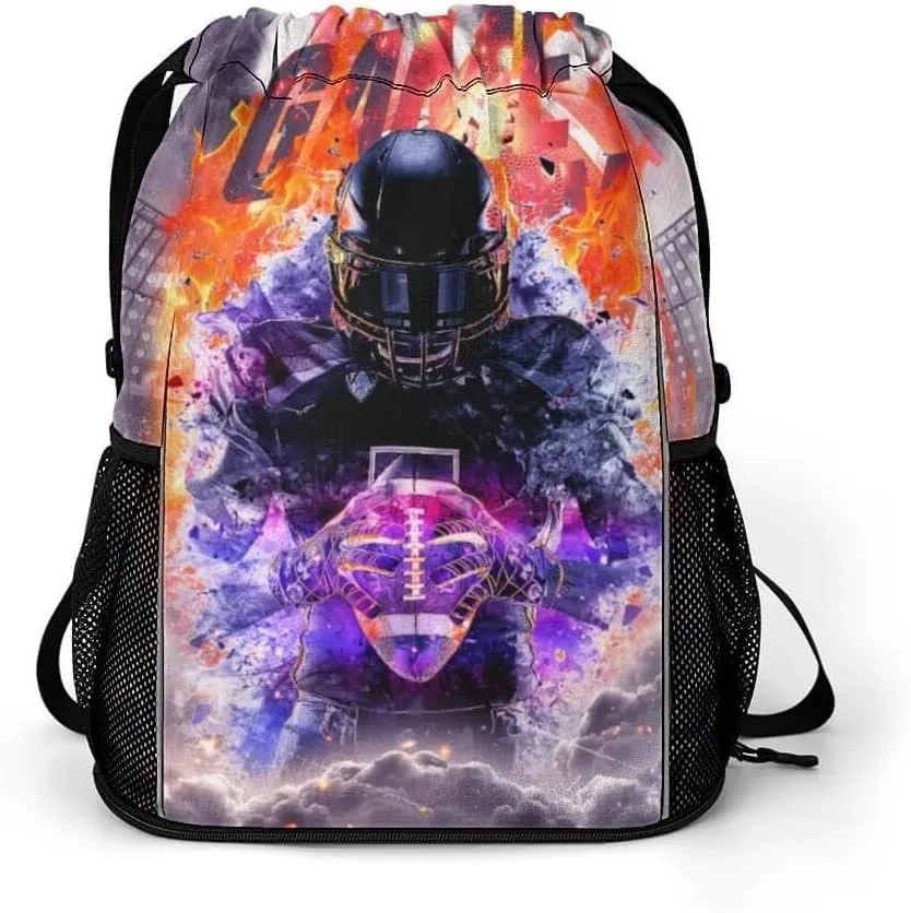 Football Drawstring Backpack - Cool Cinch Sack, String Backpacks with Pocket for Kids Women Men Boys Girls for Gym Outdoor Sports Travel Athletic Drawstring Bag - Lightweight/Foldable