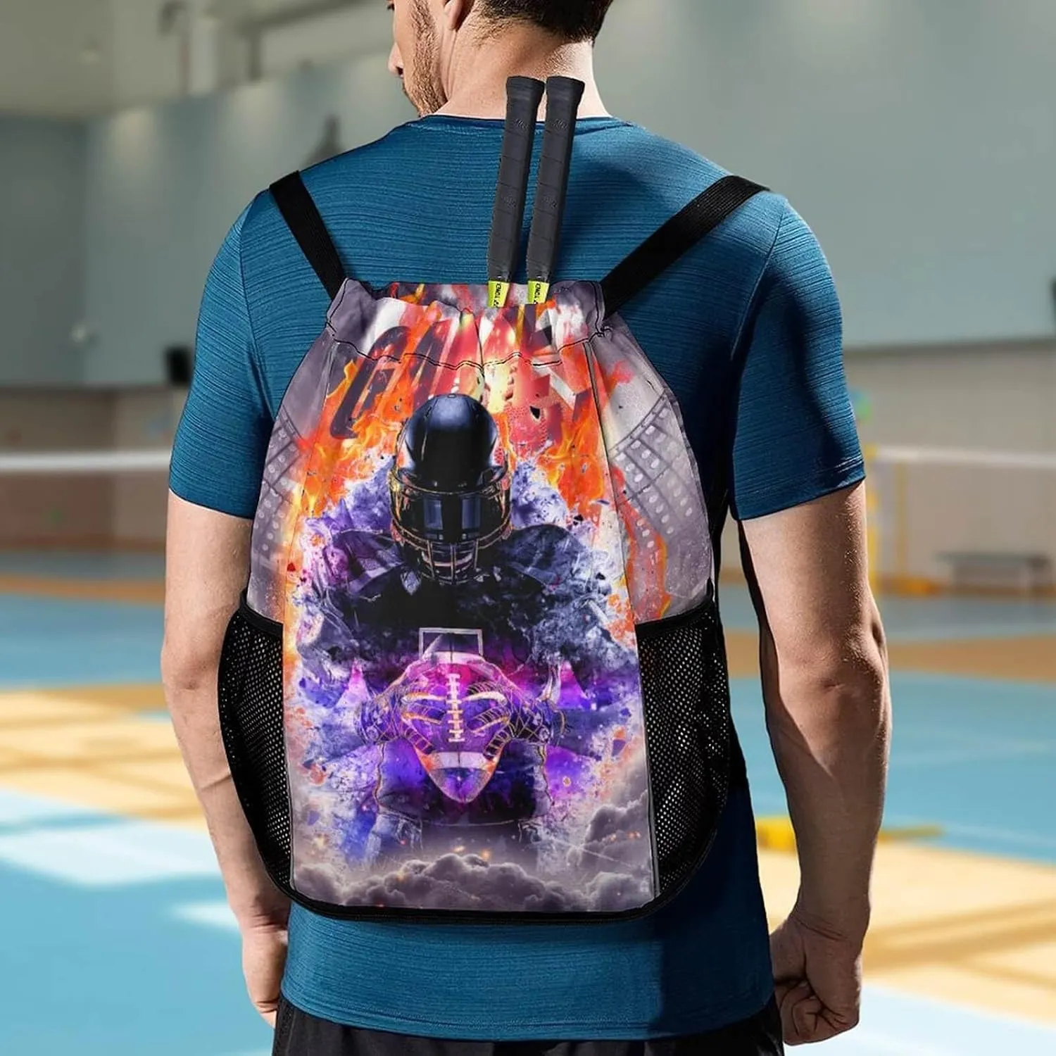 Football Drawstring Backpack - Cool Cinch Sack, String Backpacks with Pocket for Kids Women Men Boys Girls for Gym Outdoor Sports Travel Athletic Drawstring Bag - Lightweight/Foldable