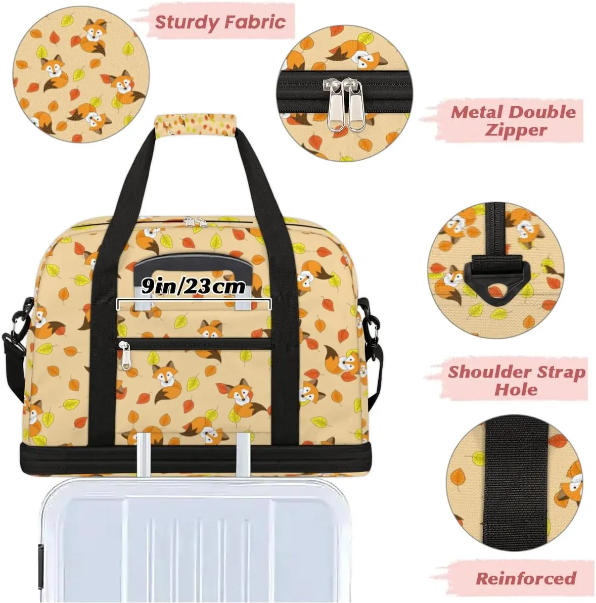 Fox Pattern Sports Gym Bag with Shoes Compartment Foldable Travel Duffel Bag Dry Wet Separated Sports Tote Workout Weekender Overnight Bag for Women Yoga Dance Work Training Handbag