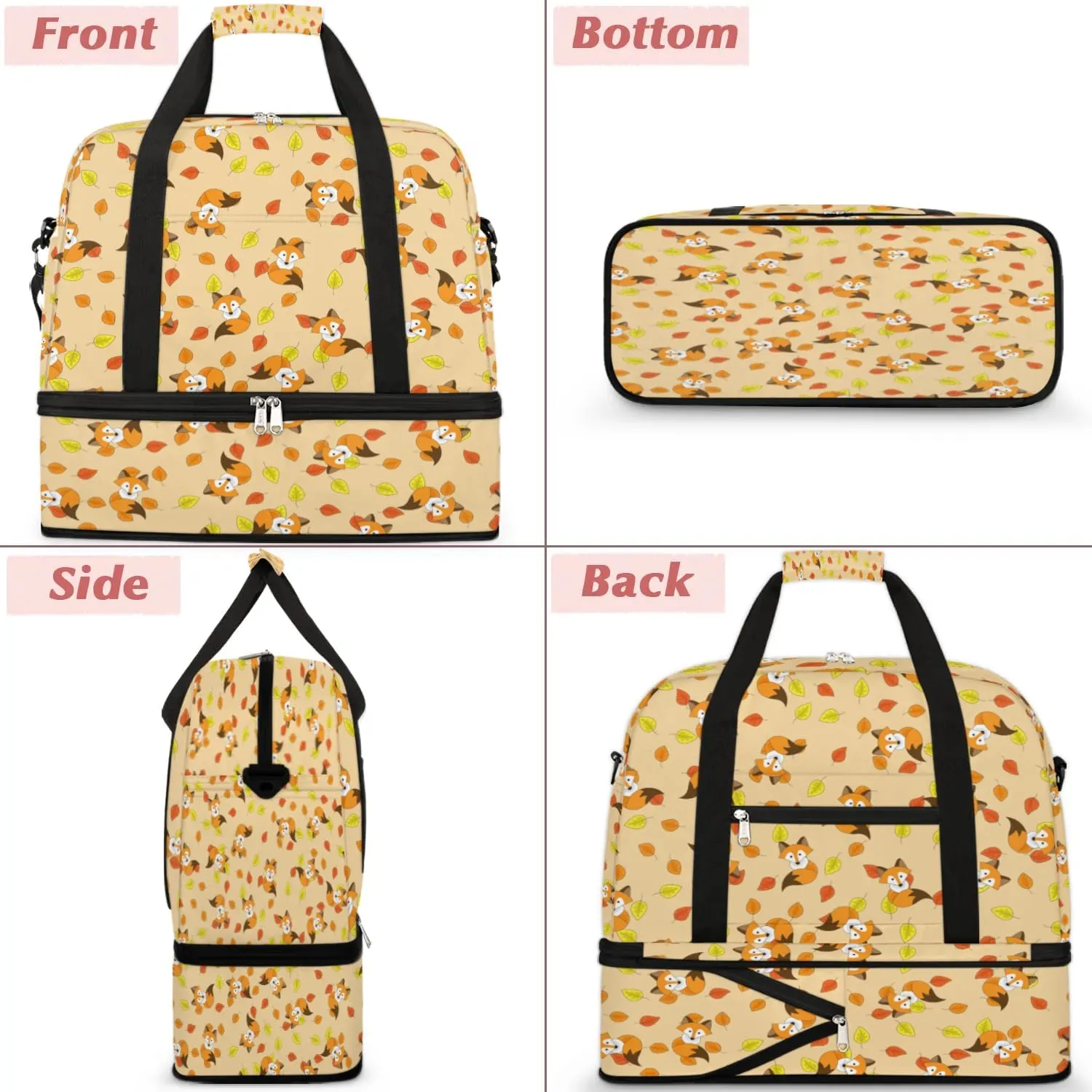 Fox Pattern Sports Gym Bag with Shoes Compartment Foldable Travel Duffel Bag Dry Wet Separated Sports Tote Workout Weekender Overnight Bag for Women Yoga Dance Work Training Handbag