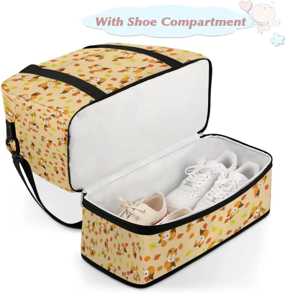 Fox Pattern Sports Gym Bag with Shoes Compartment Foldable Travel Duffel Bag Dry Wet Separated Sports Tote Workout Weekender Overnight Bag for Women Yoga Dance Work Training Handbag