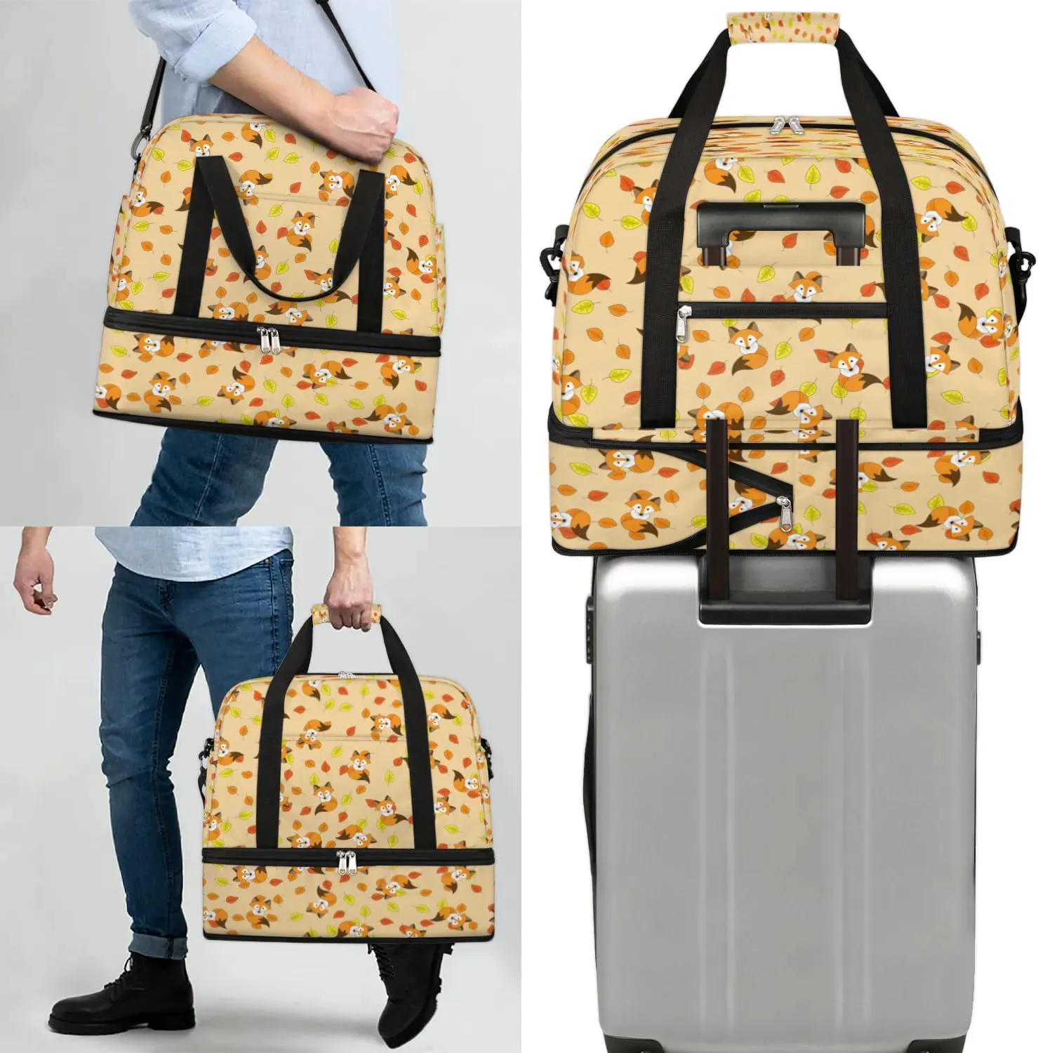 Fox Pattern Sports Gym Bag with Shoes Compartment Foldable Travel Duffel Bag Dry Wet Separated Sports Tote Workout Weekender Overnight Bag for Women Yoga Dance Work Training Handbag