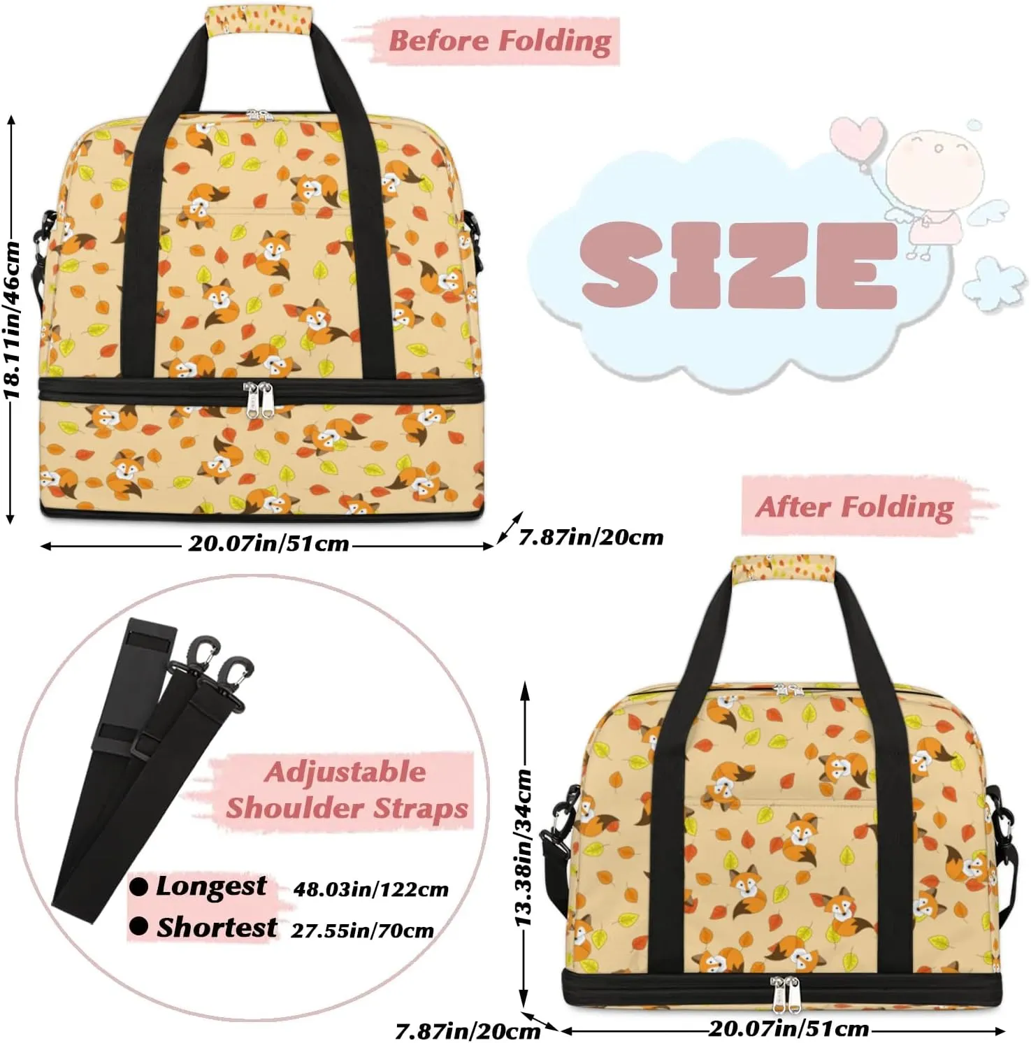 Fox Pattern Sports Gym Bag with Shoes Compartment Foldable Travel Duffel Bag Dry Wet Separated Sports Tote Workout Weekender Overnight Bag for Women Yoga Dance Work Training Handbag