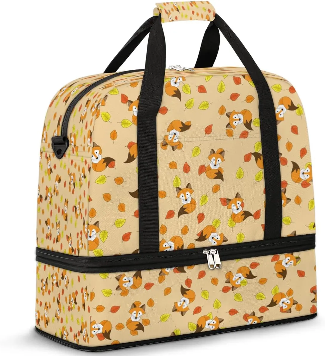 Fox Pattern Sports Gym Bag with Shoes Compartment Foldable Travel Duffel Bag Dry Wet Separated Sports Tote Workout Weekender Overnight Bag for Women Yoga Dance Work Training Handbag